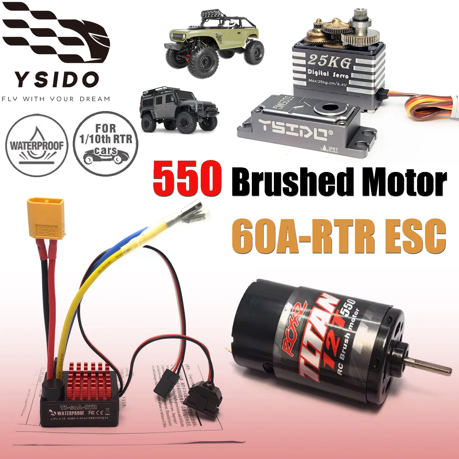 

YSIDO 550 Brushed Motor 60A-RTR ESC 25kg Servo Combo Kit For Axial SCX10 Traxxas TRX4 TRX6 1/10 RC Crawler Car Boat Model Parts