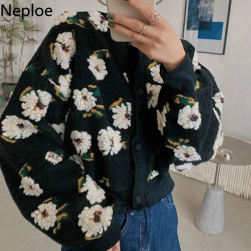 Neploe Floral Jackets Vintage Crop Puff Sleeve Jacket Women Autumn Winter Clothes Korean Fashion Coats Female Tops Outwear