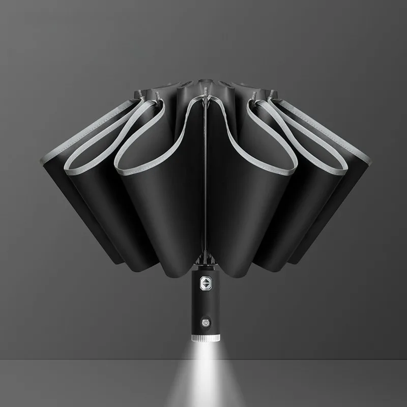 Fully Automatic Reverse Umbrella Black Plastic Sunshade Car Led Light Reflective Strip Folding  Flashlight Advertising Umbrella view 3