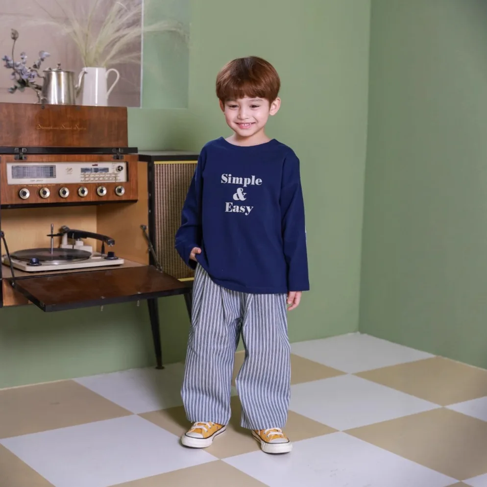 

3-8Y Children Boys Tees Autumn 2025 Simple 100% Cotton Teenager Boys Shirt Korean Round Neck Long Sleeve Letter Little Boys Tops