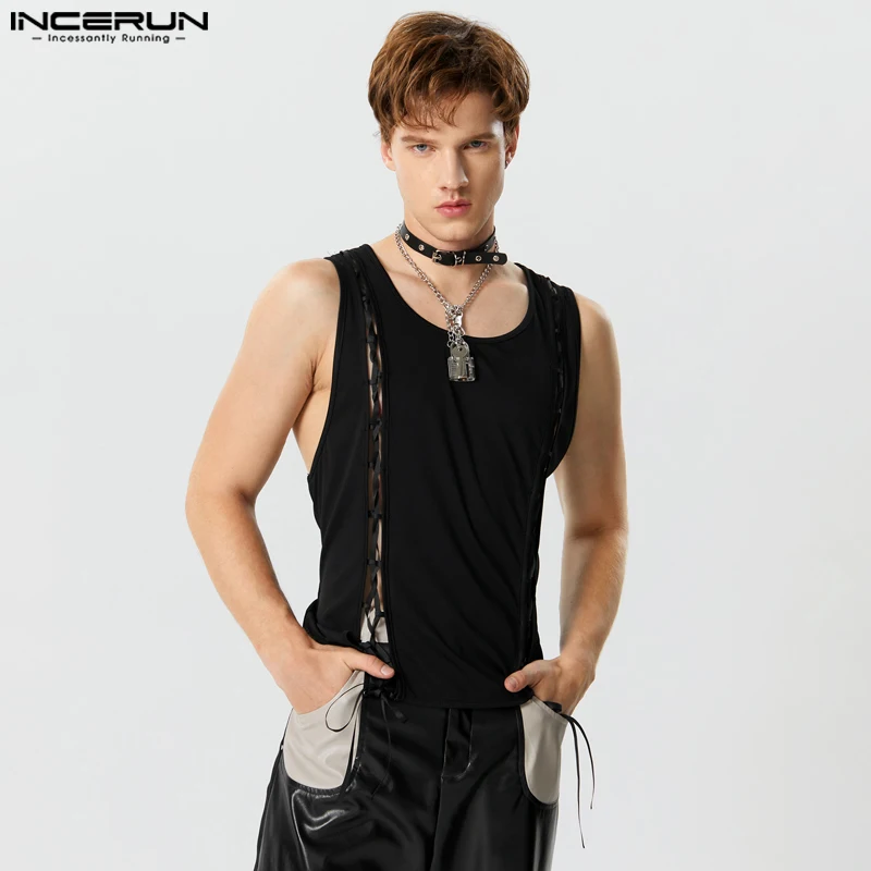 2023 Men Tank Tops Solid Color O-neck Sleeveless Fashion Casual Vests Lace Up Hollow Out Streetwear Men Clothing S-5XL INCERUN