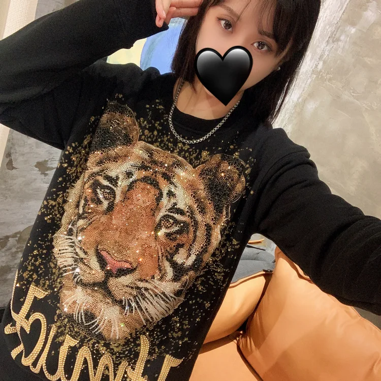 Ladies Trendy Tiger Head Hot Drilling Black Pullover Sweatshirt Women\'s Autumn Fashion Elegant Streetwear Round Neck Hoodie Top