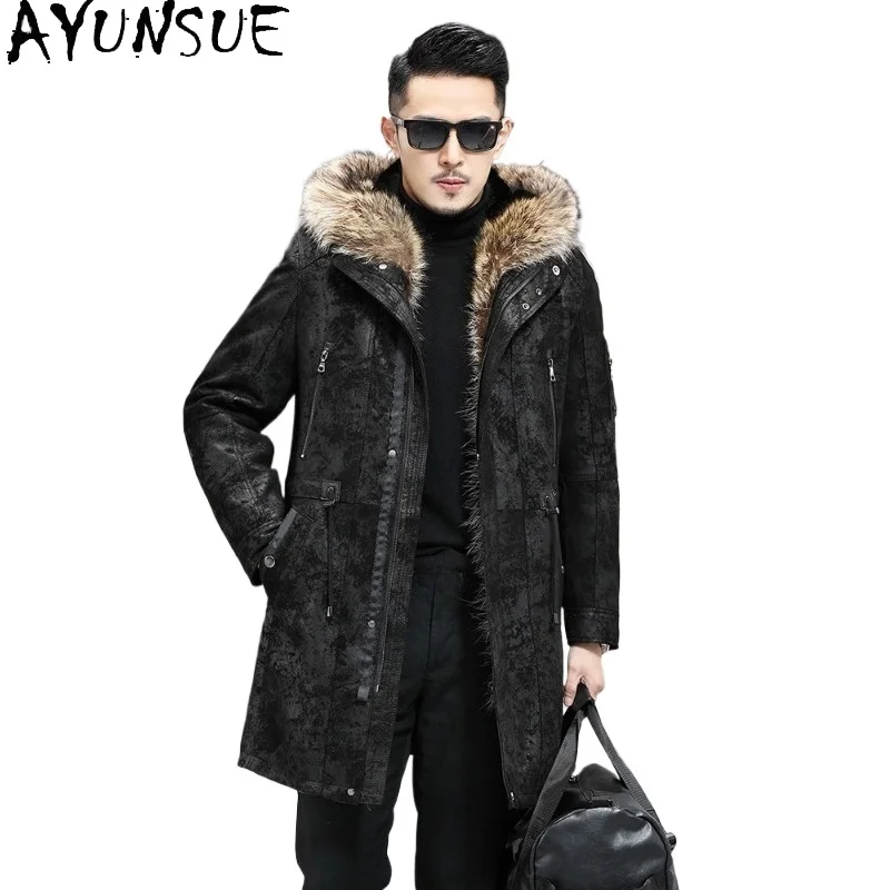 

Куртка AYUNSUE из 100% натуральной овчины для мужчин, зимняя, с подкладкой из меха норки, воротником из меха енота, длинное меховое пальто, куртки с принтом