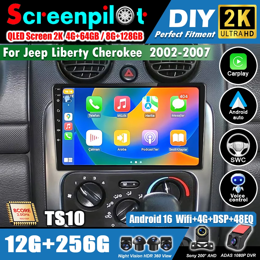 Android 16 For Jeep Liberty Cherokee  2002-2007 Autoradio Carplay Auto Car Radio Navigation Video Player Multimedia NO 2 Din