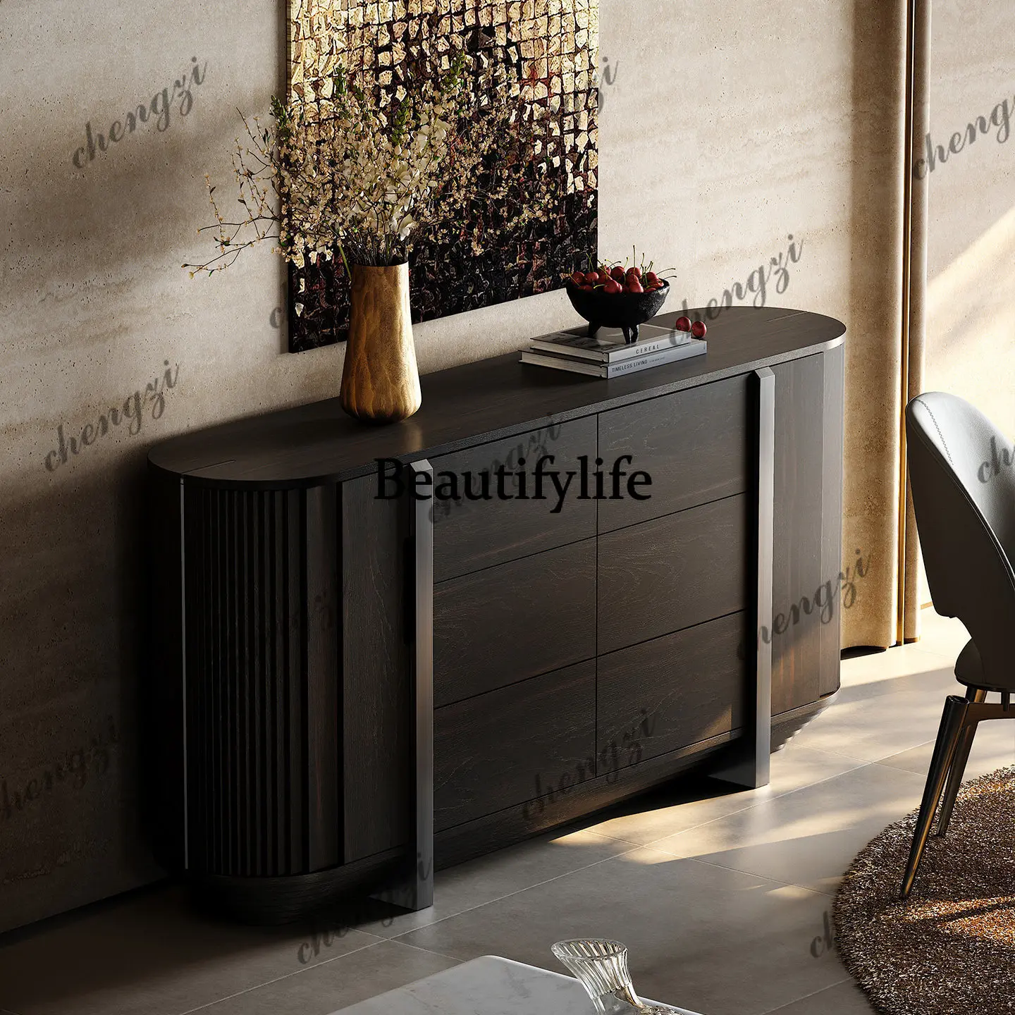 Solid wood dining side cabinet, villa large flat-floor living room, light luxury natural, locker