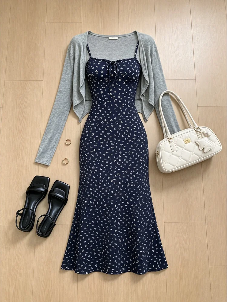

Romantic Date Night Floral Print off Shoulder Dress Sun Protection Outerwear Cardigan Slimming Summer Outfit Two Piece Set