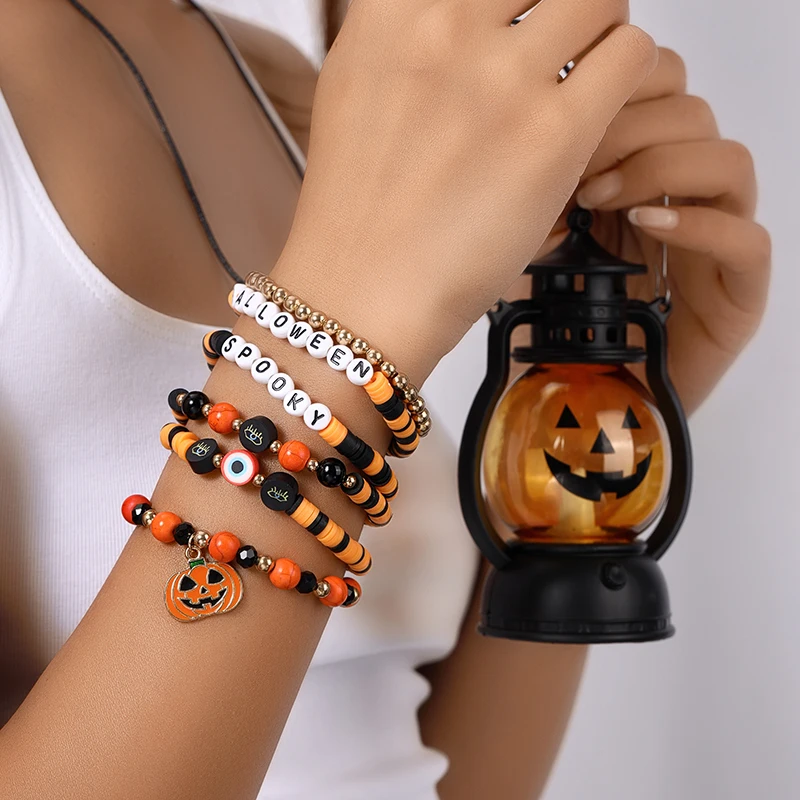 6Pcs/Set Fashion Halloween Pumpkin Bracelets for Women Handmade Letters Beads Bracelets Girls Couples Festivel Jewelry Gifts