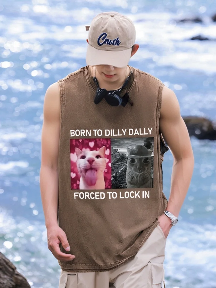 

Мужские жилеты большого размера с забавным принтом кота, потертые майки Born To Dilly Dally, праздничные хлопковые топы без рукавов, лето 2025 года с круглым вырезом