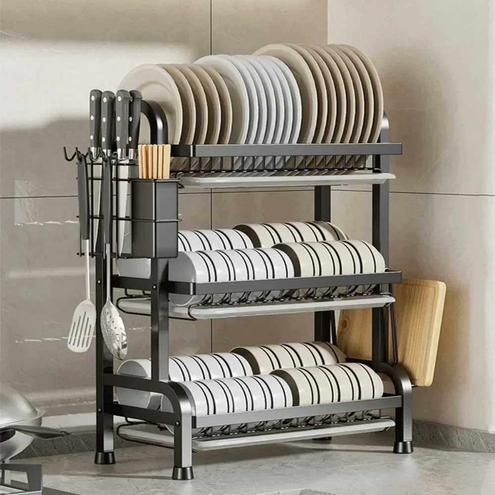 Household Bowl and Dish Storage Rack Kitchen Multi-storey Metal Storage Racks Can Hang Knives Waterproof Antirust Drain Racks