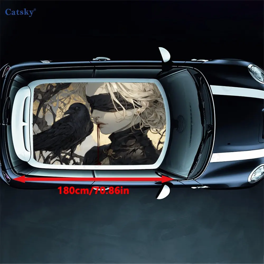Dark Fantasy Raven Girl Mystery Car Roof Sticker, PVC Self-Adhesive Waterproof Car Vinyl Decal, Car Decoration Protection Sticke