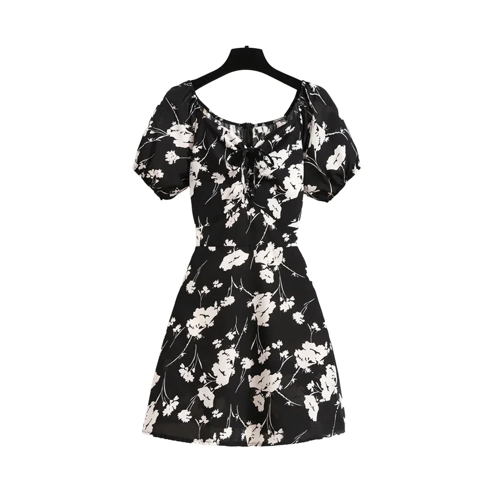 Robe à fleurs française vintage, col en V, jupe décontractée, coupe adt à lacets