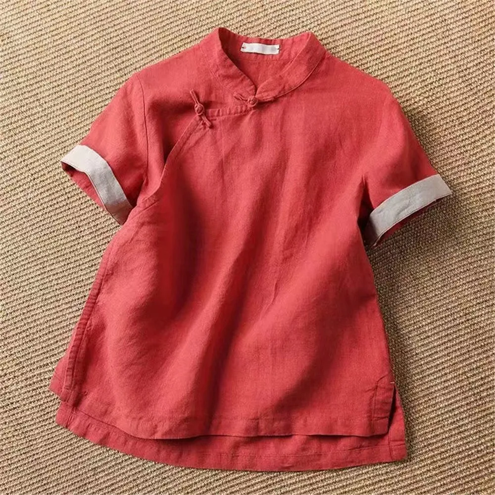 Limiguyue chinesische Art rote Hemden Frauen stehen Kragen Knopf Sommer Blusen Robe Kurzarm Baumwolle Leinen Tops literarisch f120