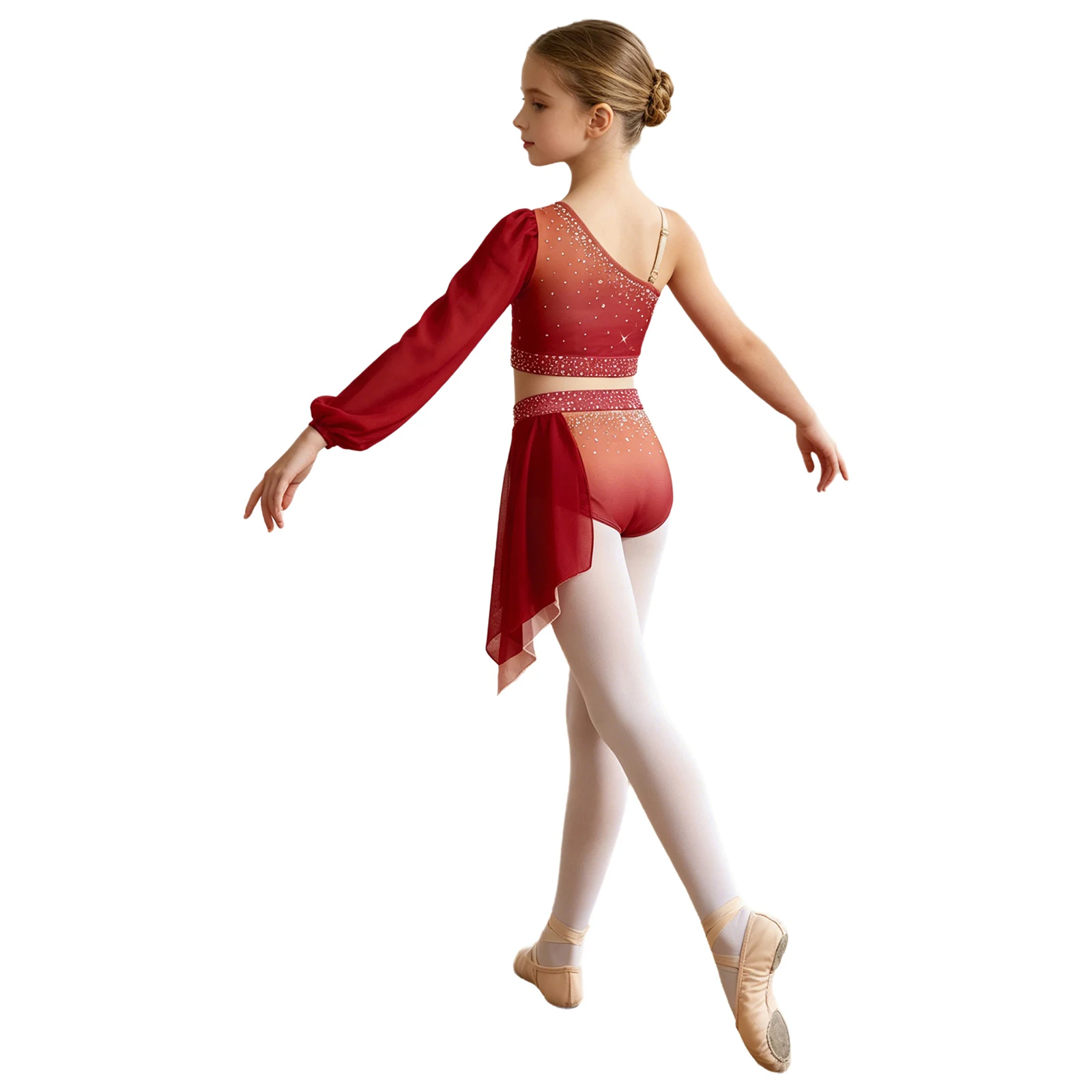 Children Girls Lyrical Dance Rhinestone Sequin Crop Top with Briefs Skirt Ballet Skating Gymnastics Acrobatics Outfit Dancewear