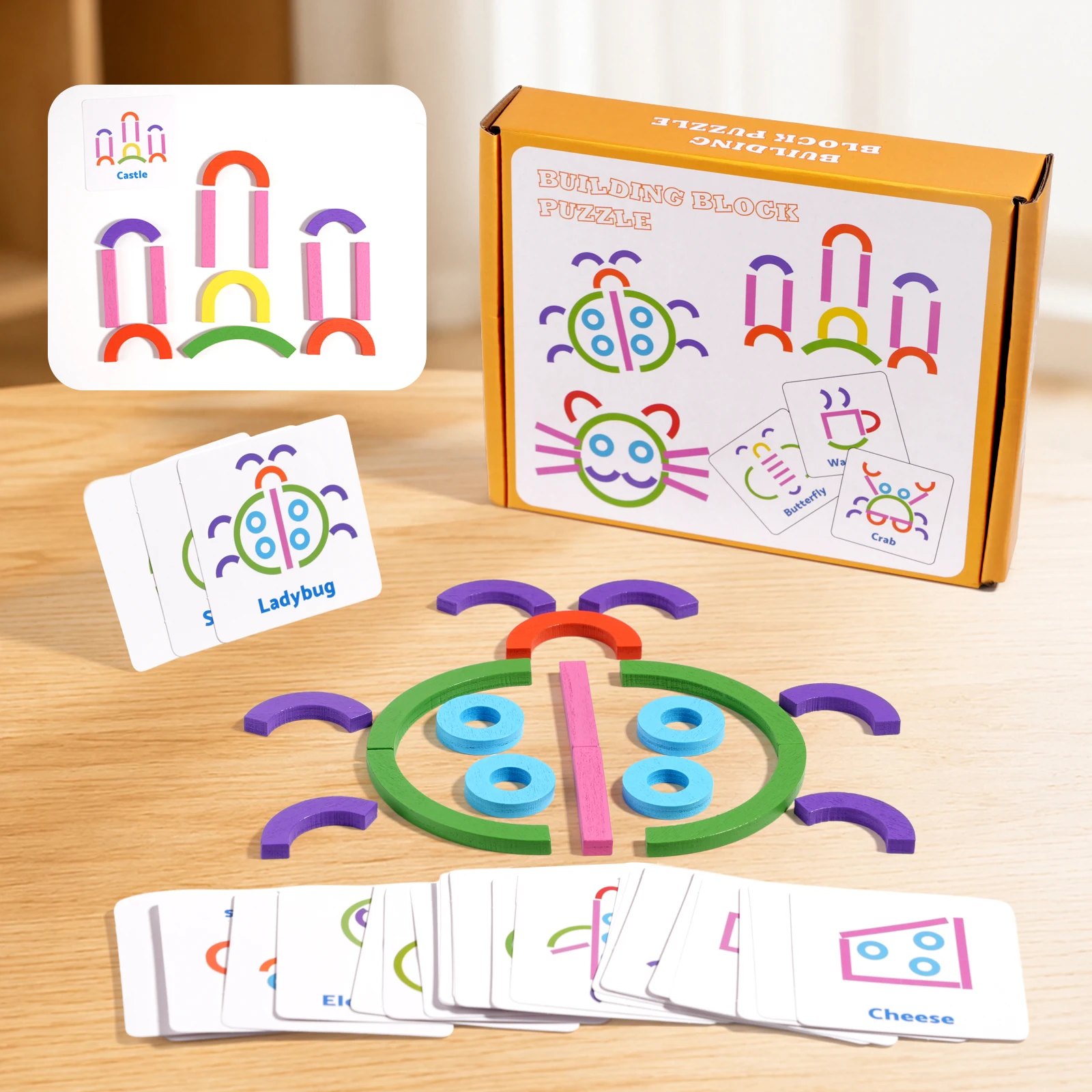 Montessori Creative Building Block Puzzle - Colorful Arc Shape Learning Toy for Kids Early Education Wooden Toys