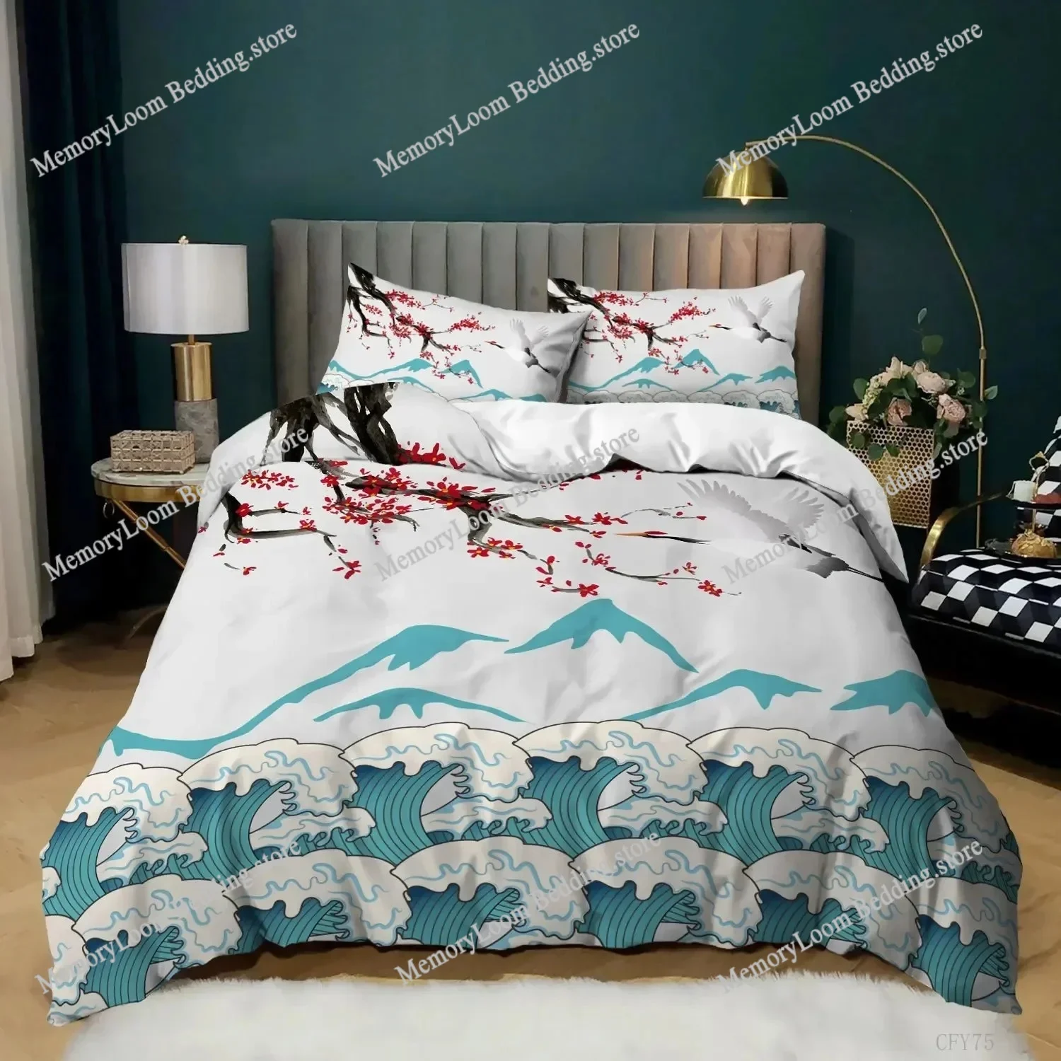 

3D Japanese Duvet Cover Set Microfiber Sea Wave Cherry Blossoms Comforter Cover Japan Culture Oriental Art Twin Bedding Set