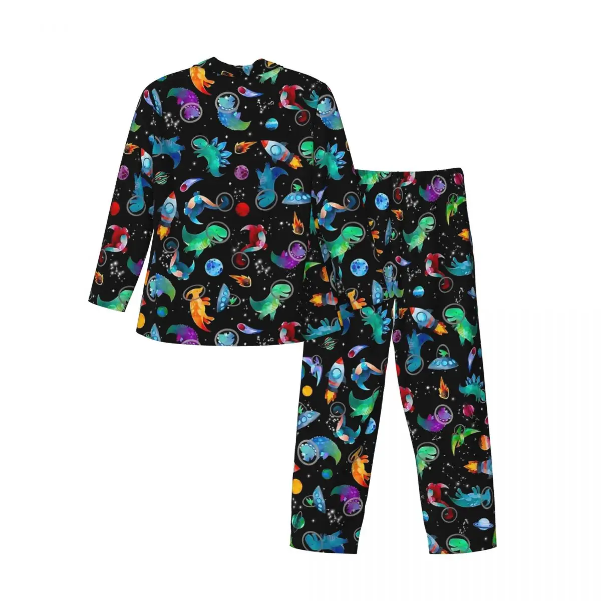 Aquarela espaço dinossauros galáxia impressão pijamas conjunto moda pijamas homem manga longa vintage diário 2 peça pijamas plus size