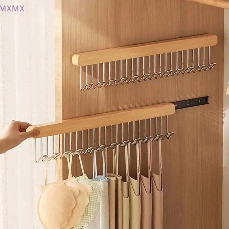 

New Wooden Wall Hanging With Telescopic Drying Rack With Stainless Steel Hook Pull-Out Space Saving Underwear Tank Top Organizer