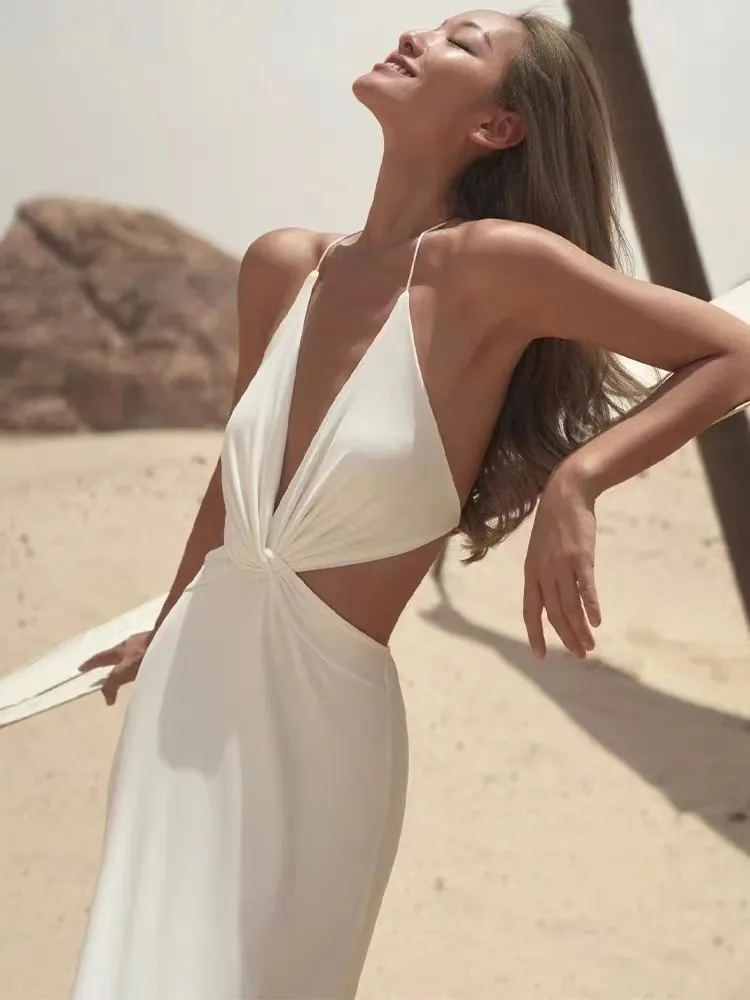 

French Deep V-Neck Twisted Hollow Out Dress For Women's Summer Sexy And Pure Desire Style Vacation Long Dress