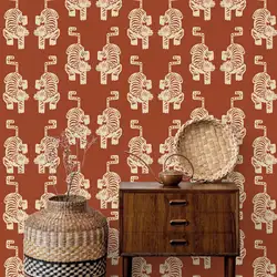 Tiger wallpaper, Aztec tiger peel and stick wallpaper, Vintage Orange Removable Wallpaper, Retro Self adhesive Wallpaper