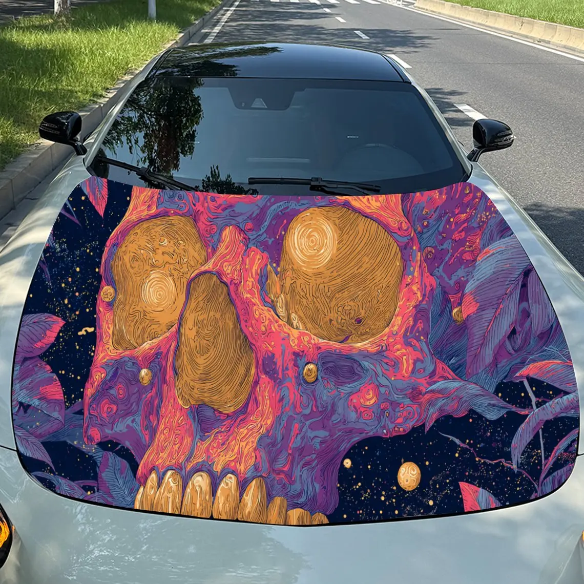 

Trippy Purple Skull Car Hood Stickers - Self-Adhesive, Waterproof and Durable Vinyl Wrap, Decorate And Protect Your Car - The Gi