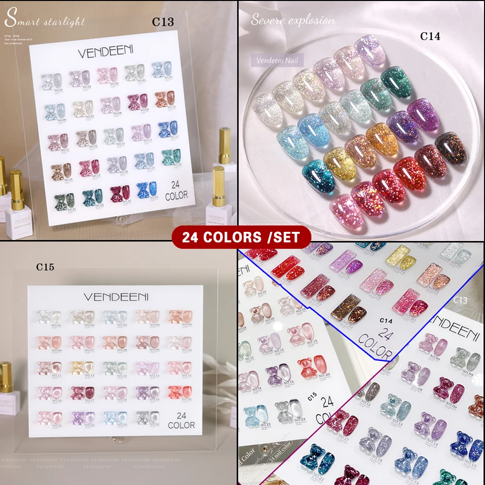 

Vendeeni, 24 цвета/набор, блестящие прозрачные блестки, гель-лак для ногтей «кошачий глаз», УФ-светодиодный лак для ногтей с разбитым бриллиантом и цветной картой