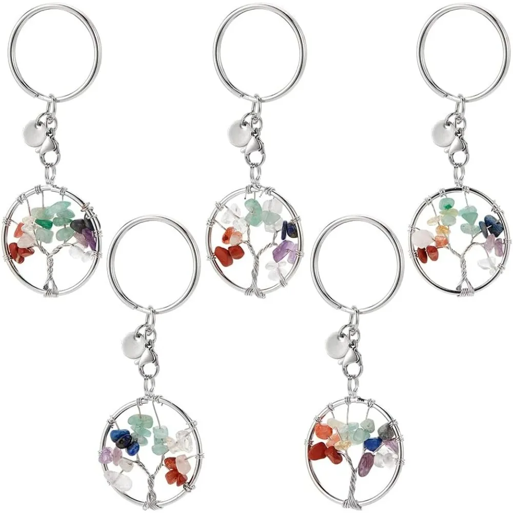 5pcs Tree of Life Keychain, Natural Crystal Stone Key Chains Gemstone Key Chain Charm DIY Keychain Charm Pendant with 1 Inch