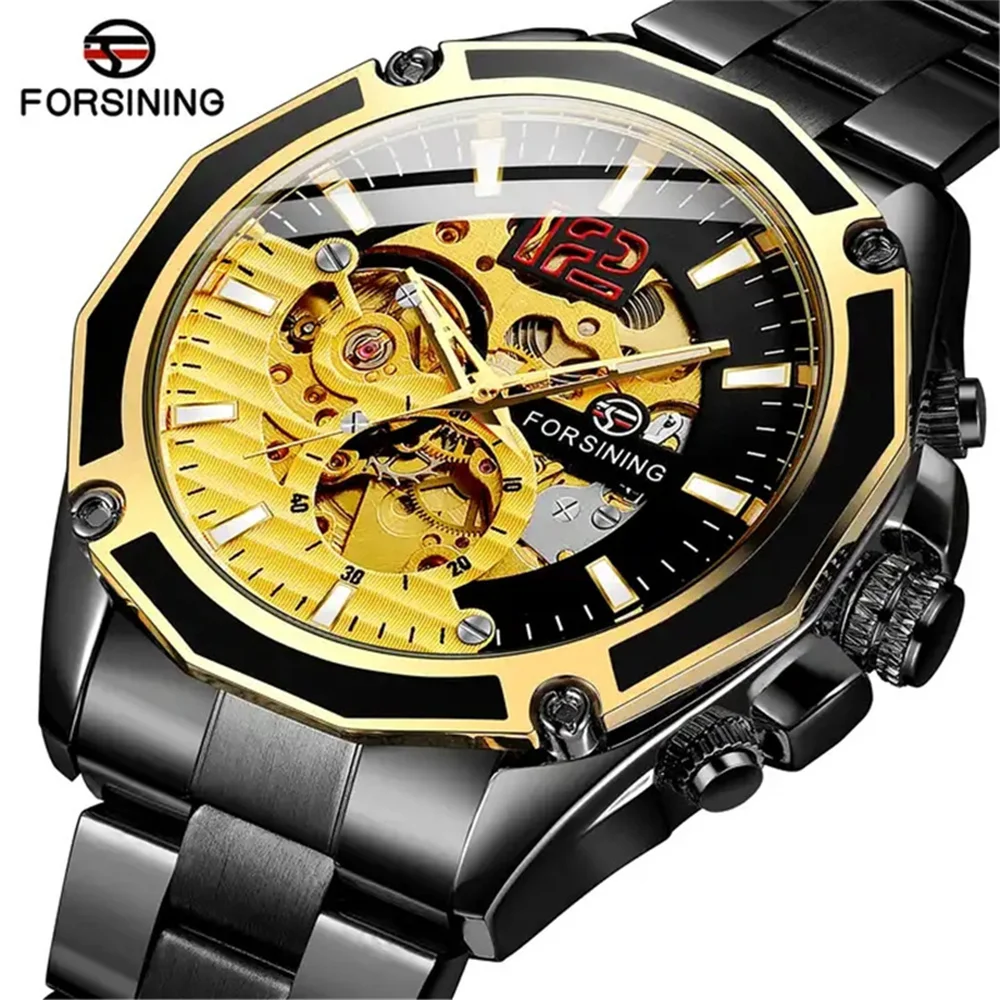 Forsining 1030A Classic Series Golden Top Brand Steel Mens Skeleton Man Wrist Watch Mechanical Luxury Fashion Automatic Watches