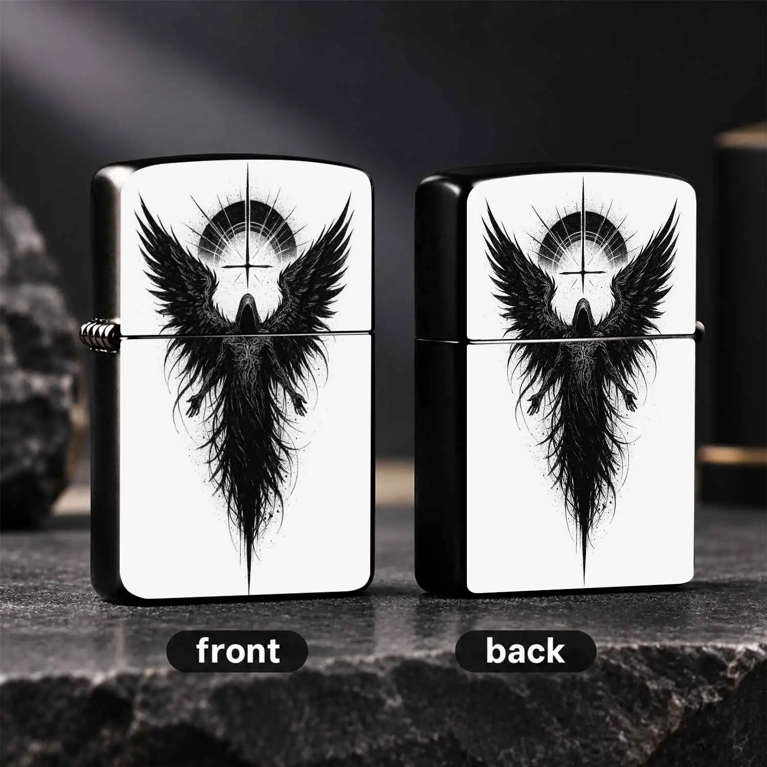 Dark Fallen Angel Art Pattern Lighter, Moody Stylish Portable Accessory, Practical Daily Carry Item, Unique Creative Gift For Friends And Hobbyists, Versatile Scene Matching Exquisite Ritual Small Gadget For Outdoor Travel Home Use A Humoro