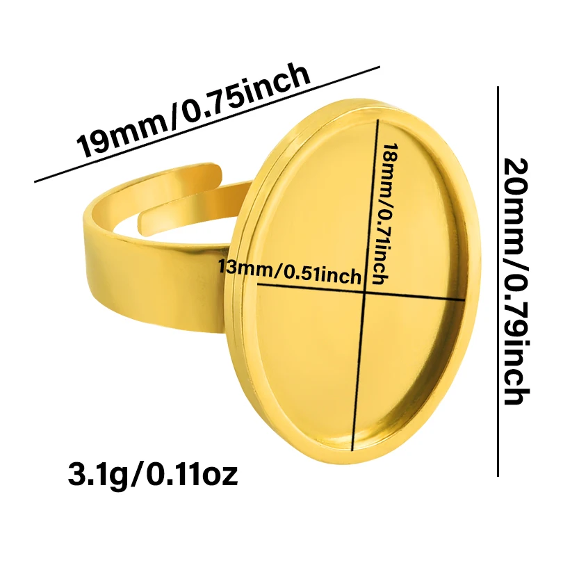 الذهب الحقيقي مطلي 10/12/16/20 مللي متر حلقة بيضاوية فارغة كابوشون قاعدة إعدادات لا تتلاشى الفولاذ المقاوم للصدأ خواتم للنساء الرجال صنع المجوهرات