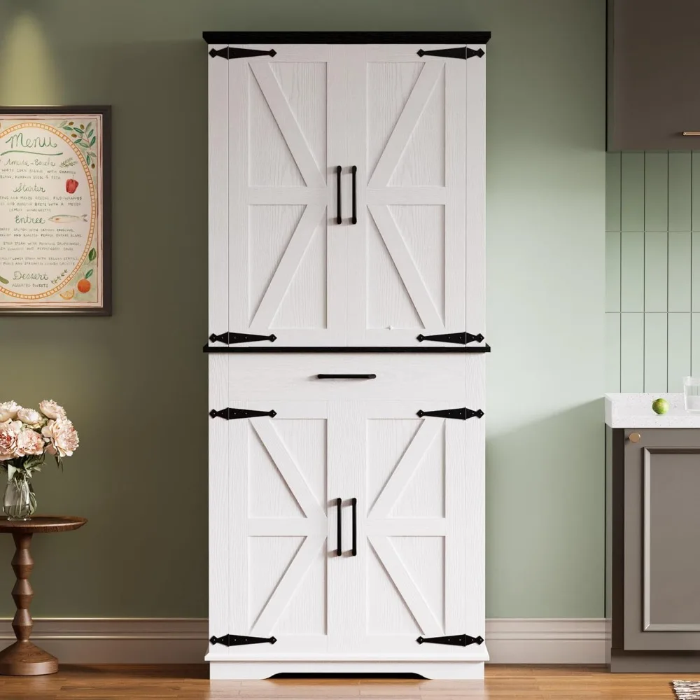 

Stylish Farmhouse-Style Kitchen Pantry with 6 Hanging and Adjustable Shelves, Tall Freestanding Cabinet