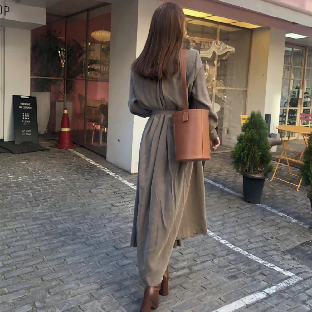 Spring Summer V Neck Folds Long Shirt Belt Dress for Women Long Sleeve High Waist A-line Midi Dresses Female