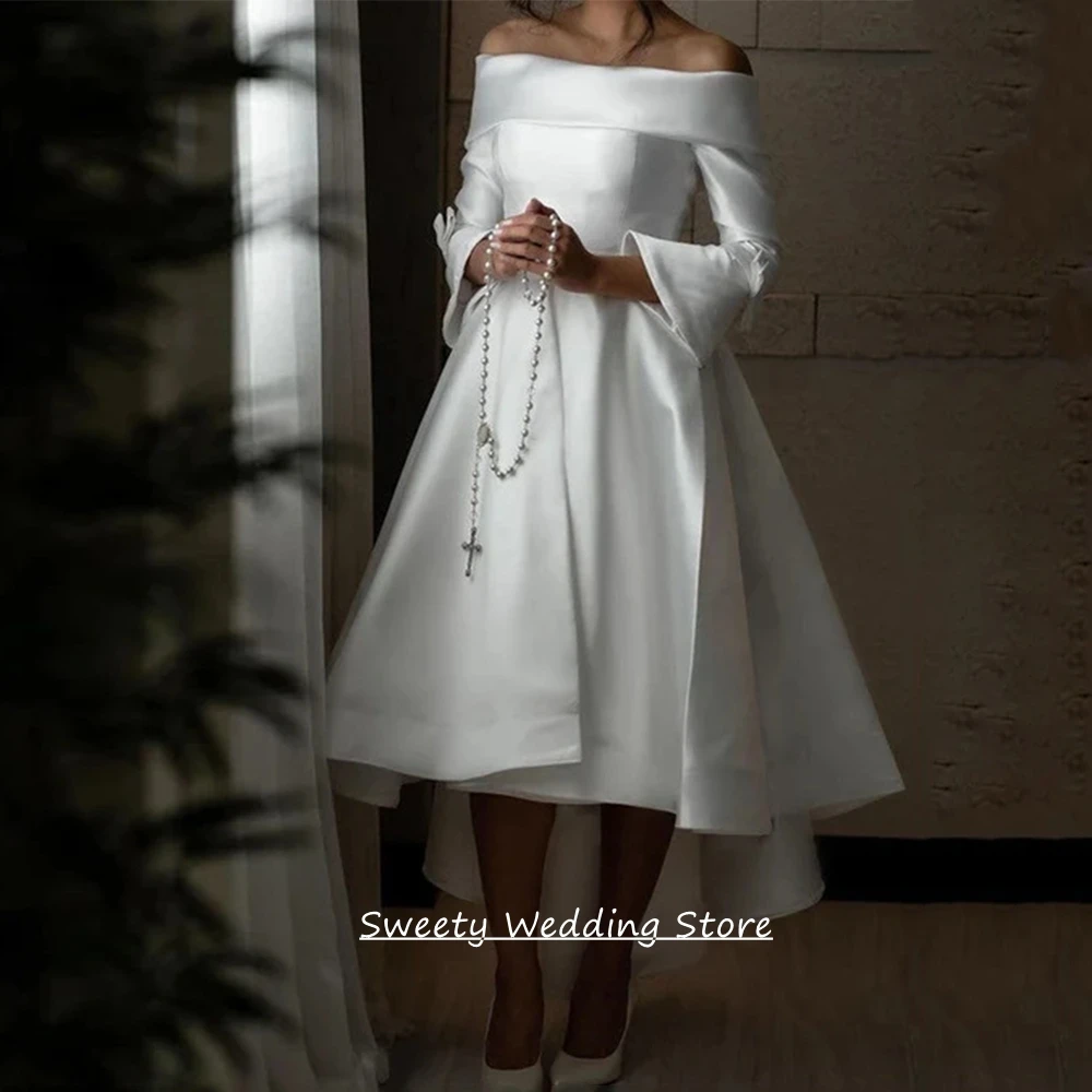 Customized Hi-lo Wedding Dress Modern Boat Neck Long Sleeves Back Zipper Buttons A Line Mikado Satin Bridal Gown for Bride