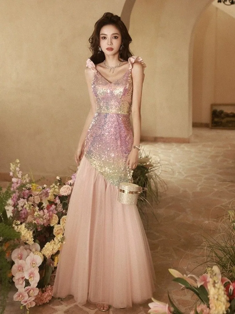 Miiiix Fashionable High-end Sexy Evening Dress with A Backless Pink Women's Banquet Temperament and A Niche Fishtail Dresses