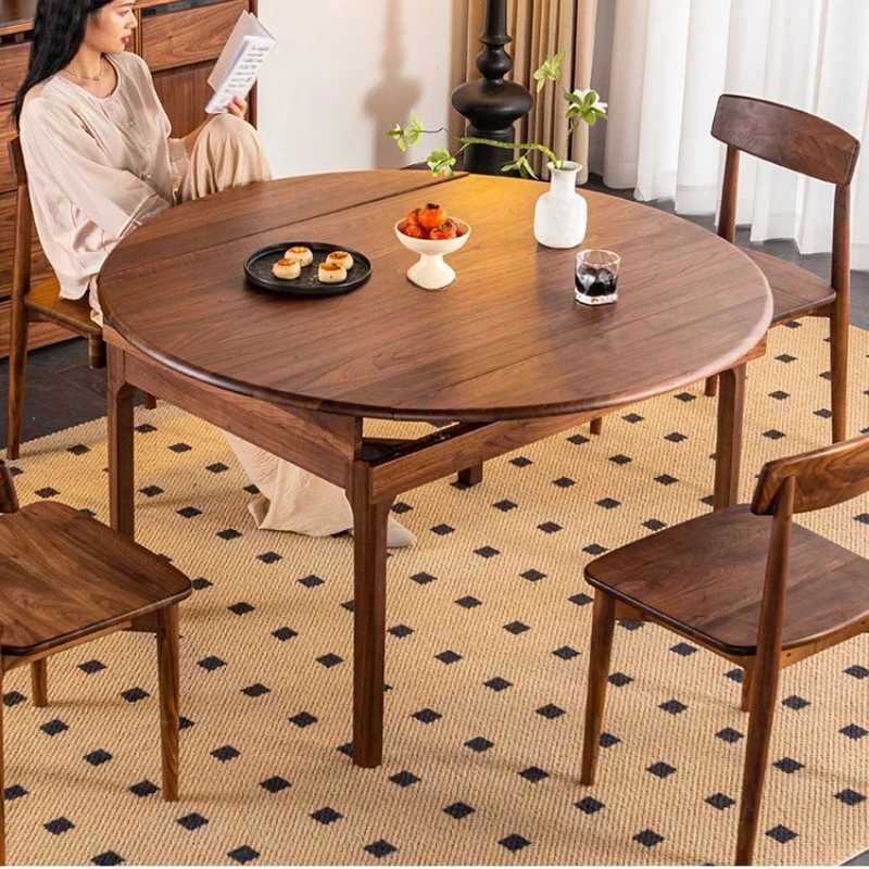 

North American Black Walnut Round Table All Solid Wood Retractable Dining Table Household