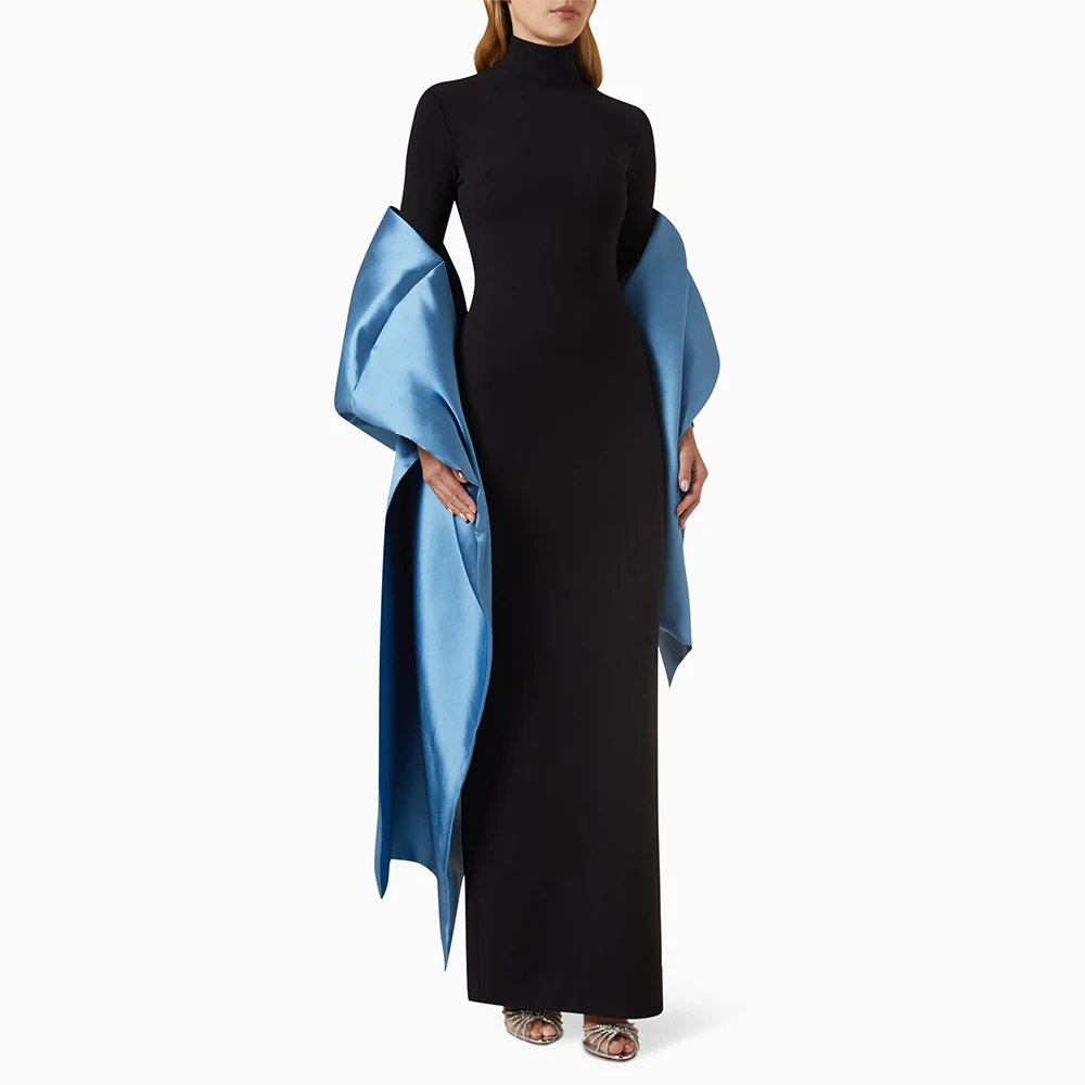 

Black Evening Dress with Sky Blue Shawl High Collar Sheath/Column Evening Gowns for Women 2024 Long Sleeves Wedding Guest Dress