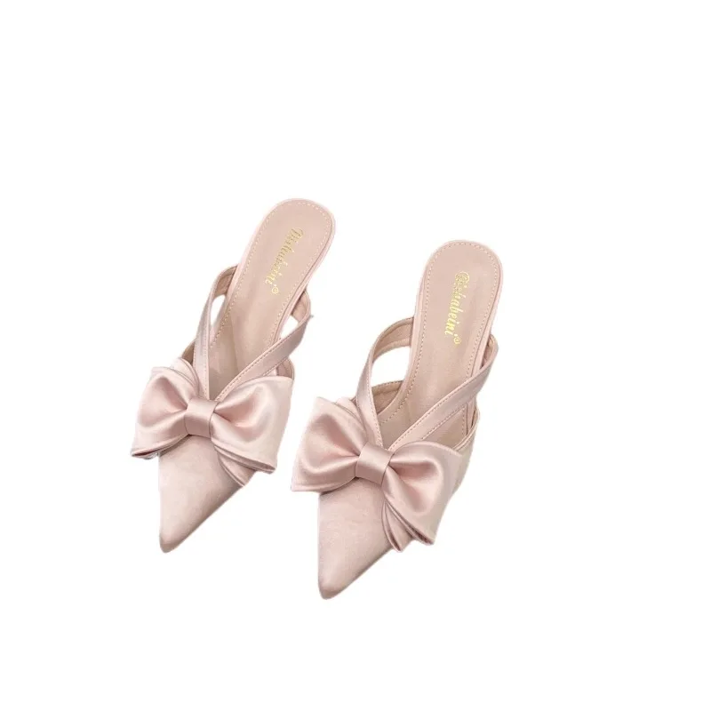 Fashionable Thin-heeled Sandals for Women 2024 Spring and Summer Style Pointed-toe Bow Hollow High-heeled Half-cap Toe Slippers