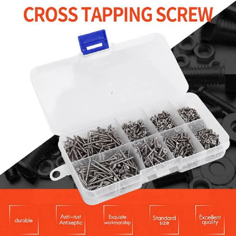 

800Pcs Stainless Steel Self Tapping Screw Assortment Kit Lock Nut Wood Thread Nail Screw Sets M2