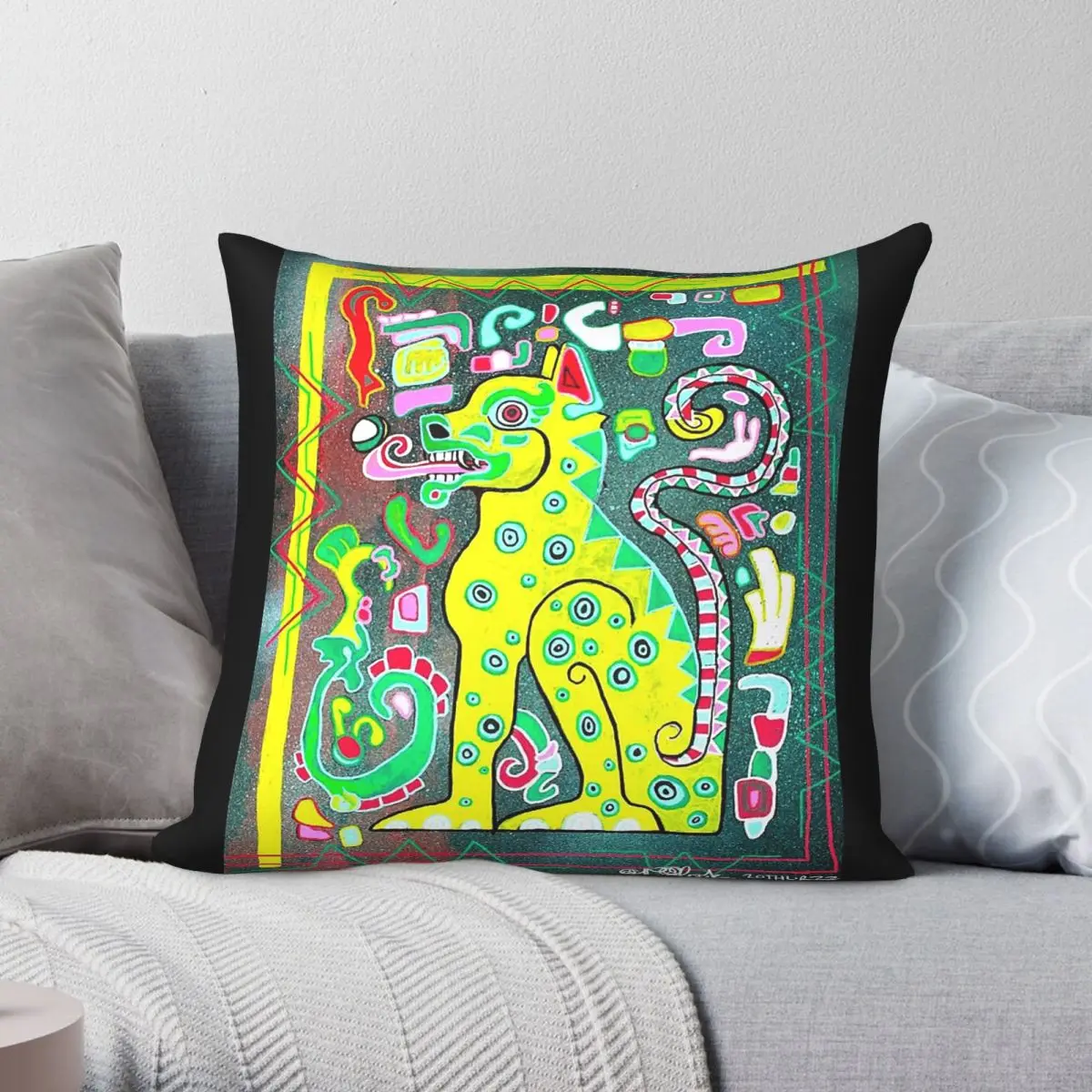 Funda de almohada cuadrada Balam Jaguar Mayan, funda de cojín decorativa con cremallera y patrón de terciopelo de lino y poliéster para sofá
