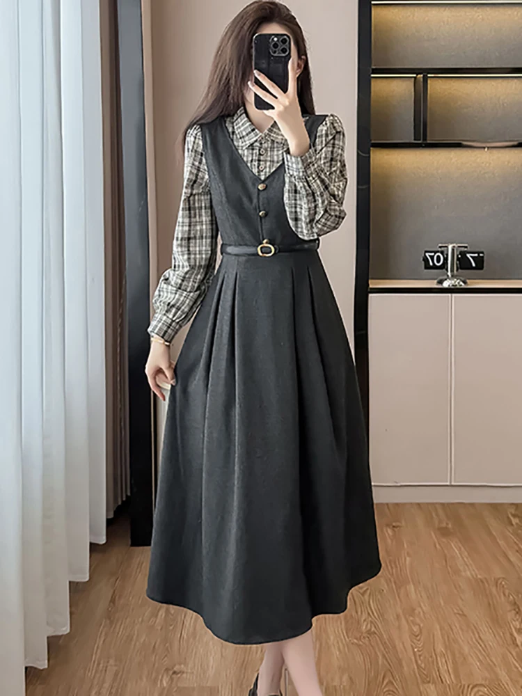 

2025 Fashion Patchwork Plaid Polo Collar Shirt Dress Women Elegant Bandage Bodycon Dress Autumn Winter Korean Vintage Prom Dress