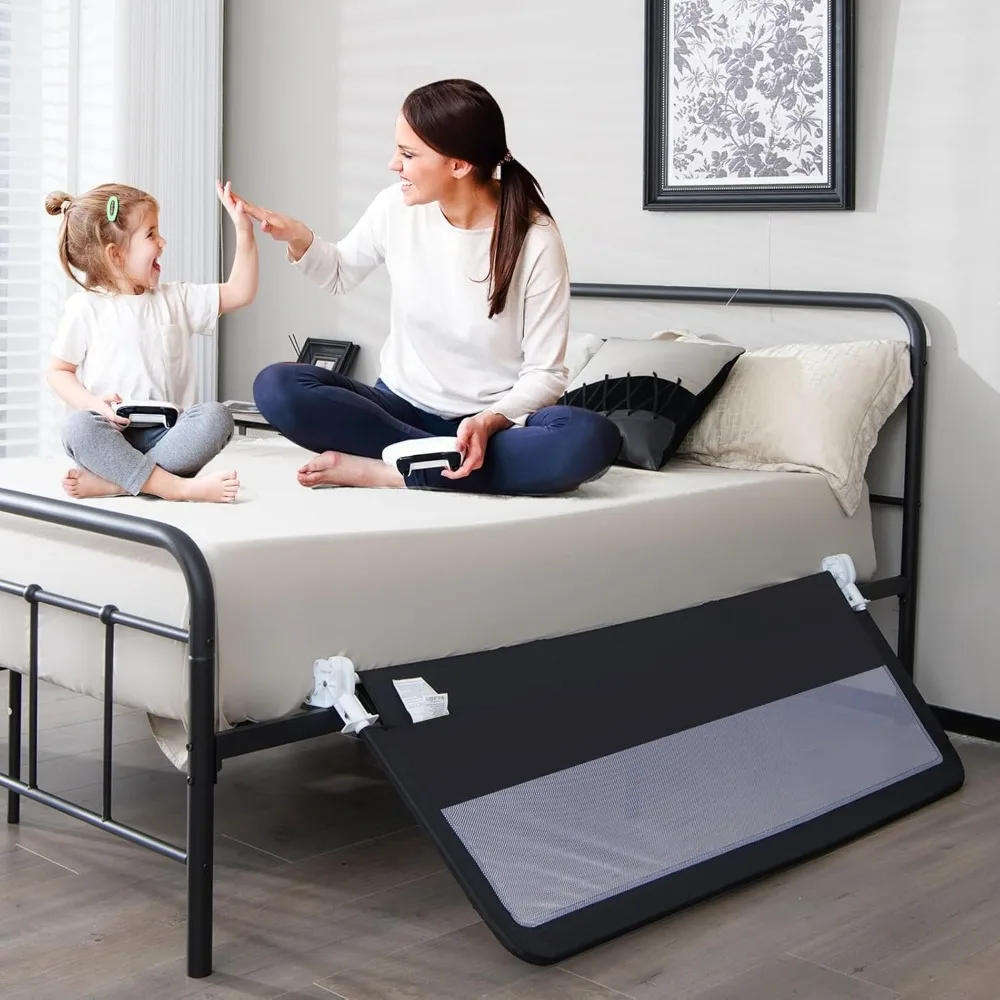 حاجز سرير آمن قابل للطي للأطفال الصغار، يناسب مرتبة Twin to King، حاجز حماية طويل جدًا باللون الأسود