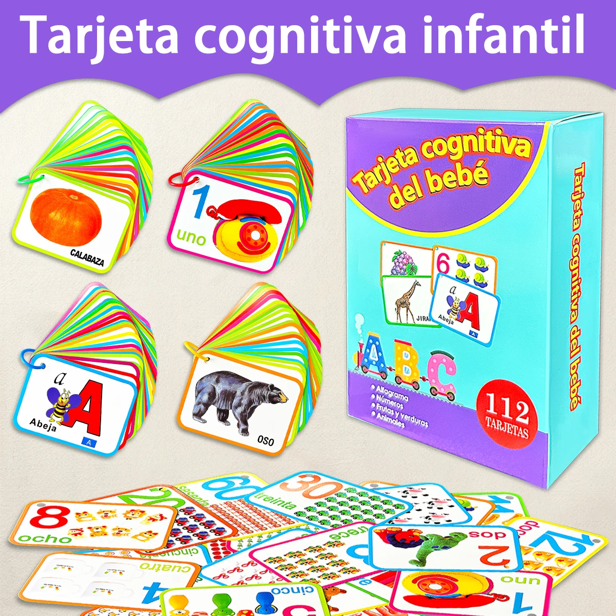 

Spanish flashcard set, designed with rounded corners to promote early language development, suitable for preschool children