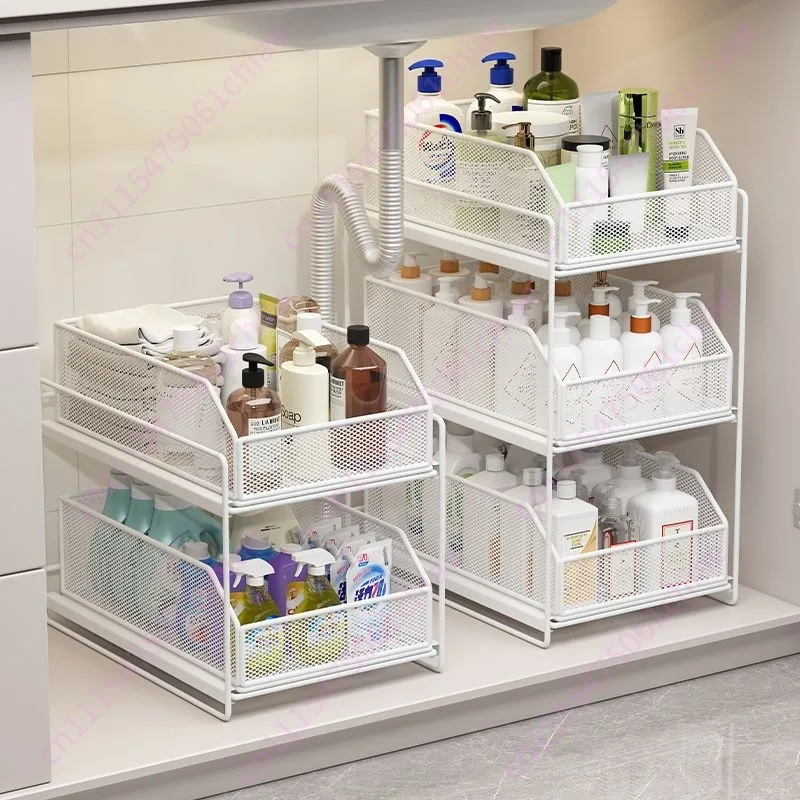 Lower Sink Shelf Pull-out Bathroom Cabinet Lower Storage Box Multi-layer Toilet Sink Lower Pull-up Basket Layered Rack