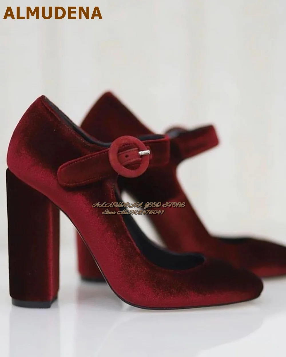 ALMUDENA Scarpe Mary Jane in velluto grigio bordeaux Scarpe con tacco grosso e cinturino con fibbia rotonda Décolleté eleganti Scarpe da festa Tacco largo