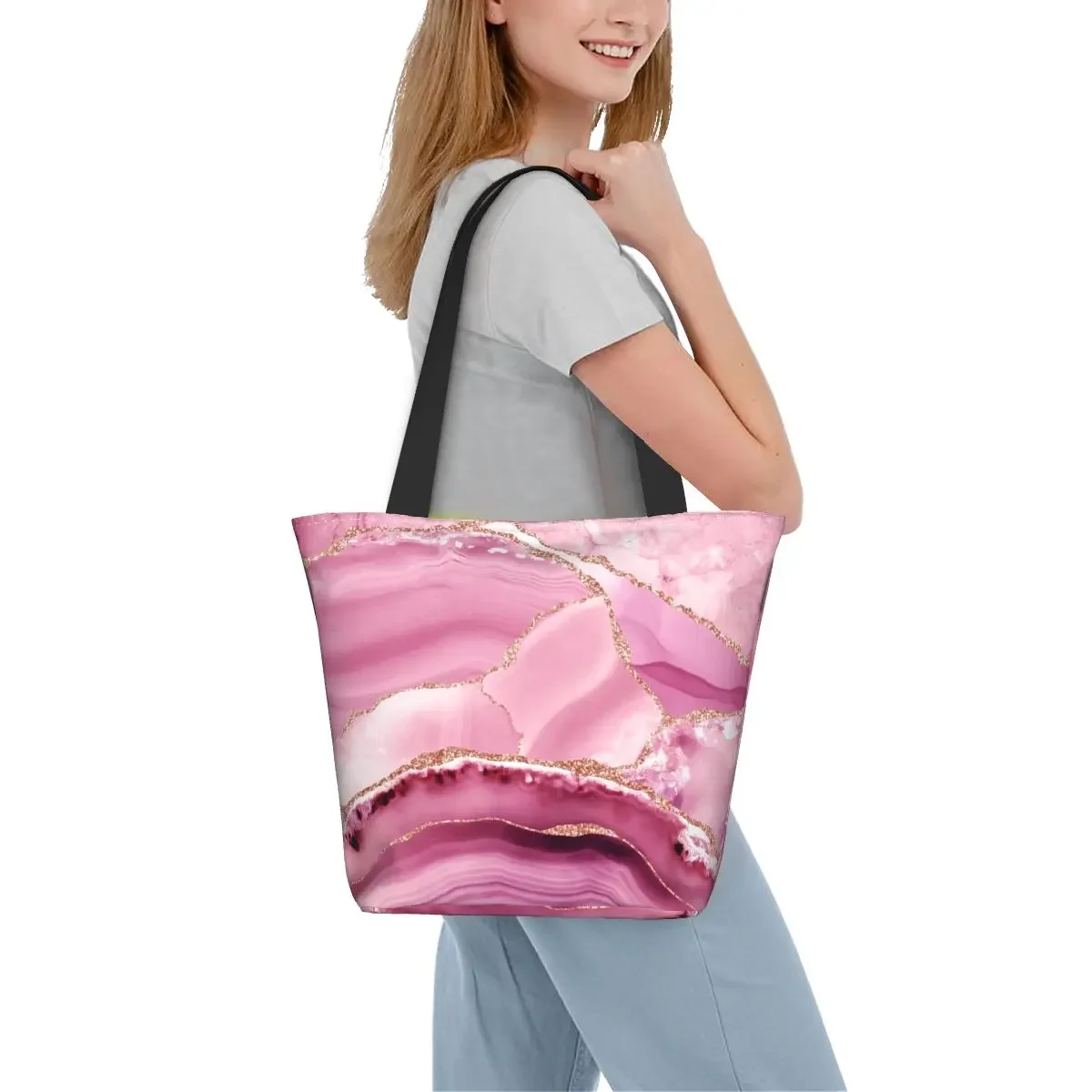 Sac fourre-tout d'épicerie en marbre rose et or, toile de pierres précieuses abstraites modernes élégantes, sac de shopping initié, sac à main de grande capacité