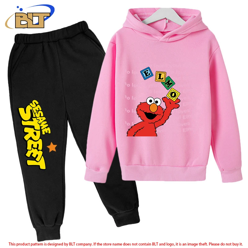 Sesame Street Kids Plush Hoodie Set Pink Sports Sweatshirt Pants Two-Piece Set for Boys and Girls