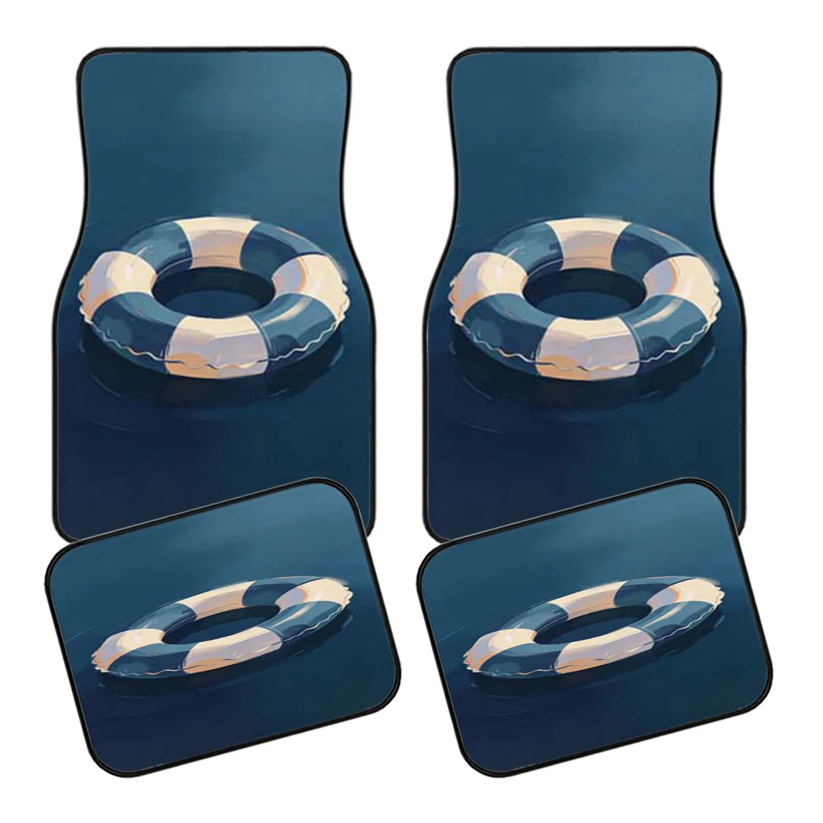 Ensemble de 5 tapis de sol pour voiture + tapis de coffre |   Motif de bouée de sauvetage bleu foncé |   Matériel de tapisserie |   Léger, facile à nettoyer, résistant aux rayures