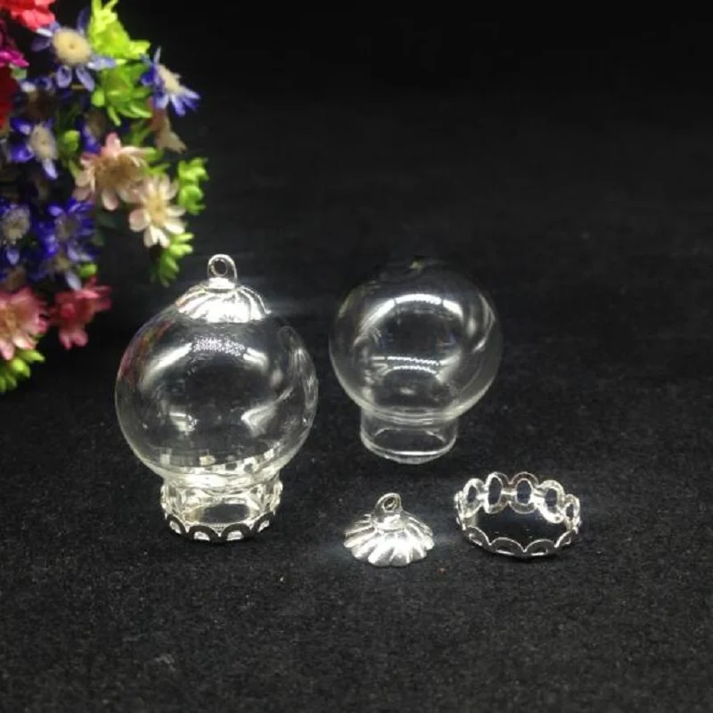 500sets/lot 20*15mm clear glass vial pendant with lace tray 8mm metal cap glass globe bubble glass cover dome jars diy necklace