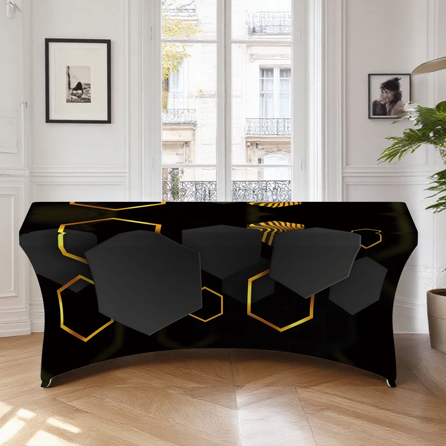 1pc All-inclusive tablecloth,Black Gold Hexagon Geometric Stretch Table Cover,Suitable for kitchen parties