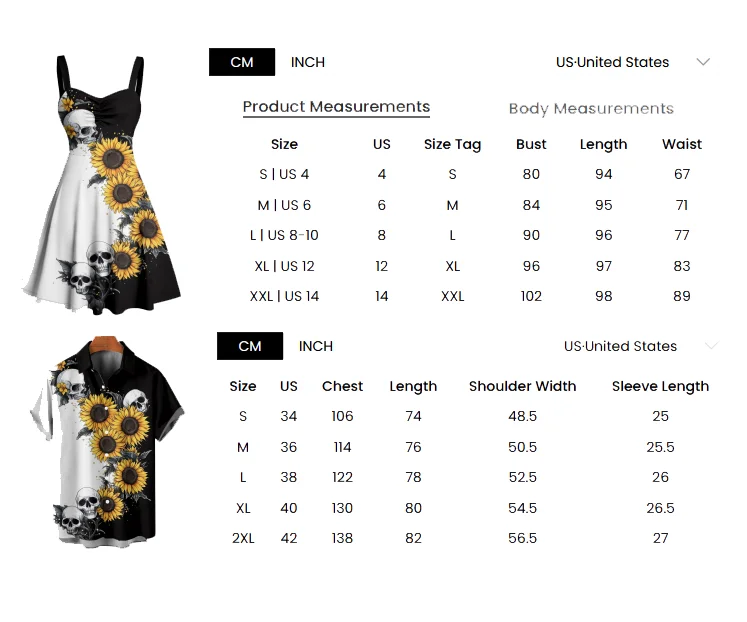 Gothic Couple Outfit Contrast Color Sunflower Skulls Pattern Ruched Bust Sweetheart Neck A Line Mini Dress and Button Up Shirt