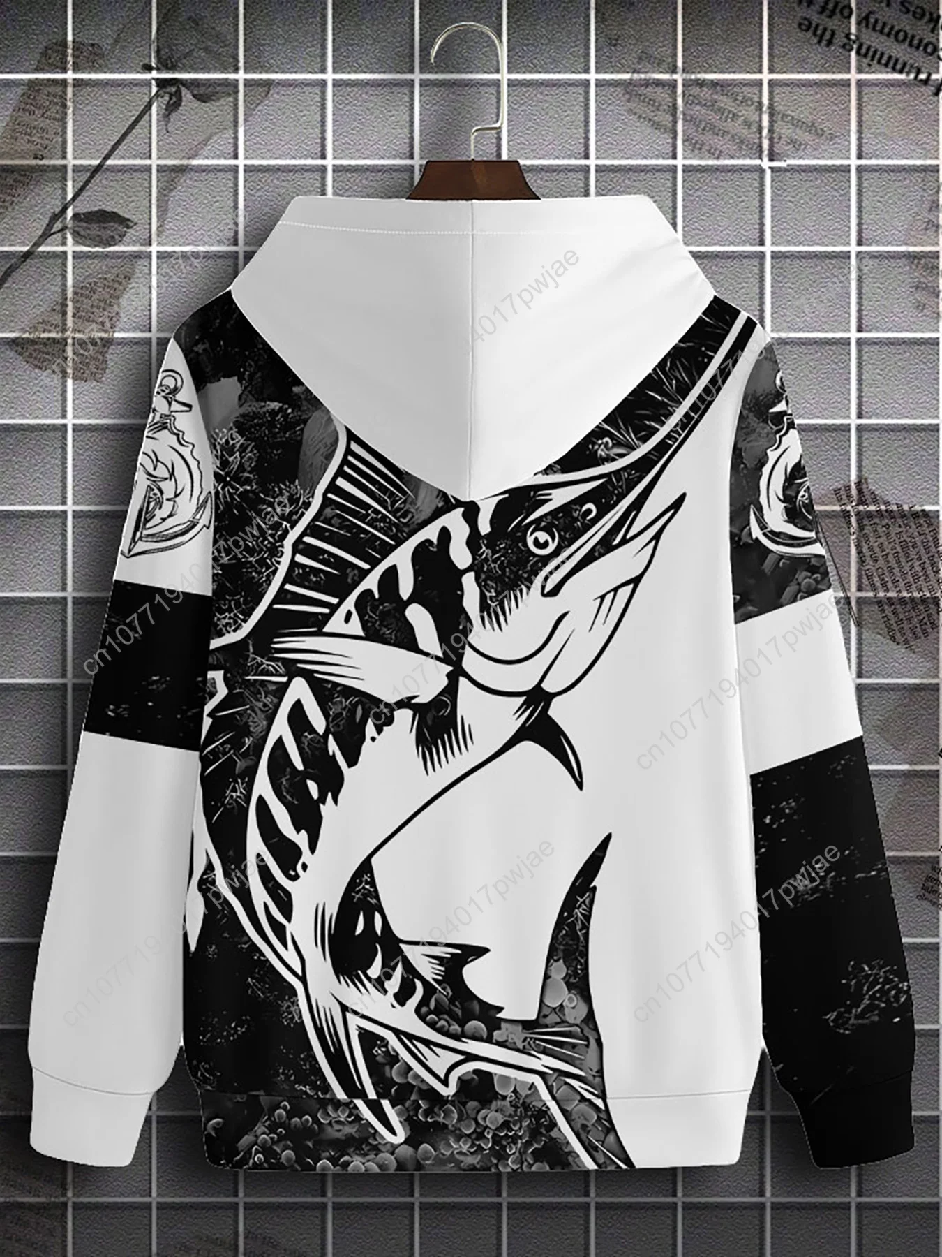 Men's Full-Body 3D Fish Print Hooded Sweatshirt - All-Over Fishing Theme with Pike & Trout Patterns, Long Sleeve Casual Jacket f